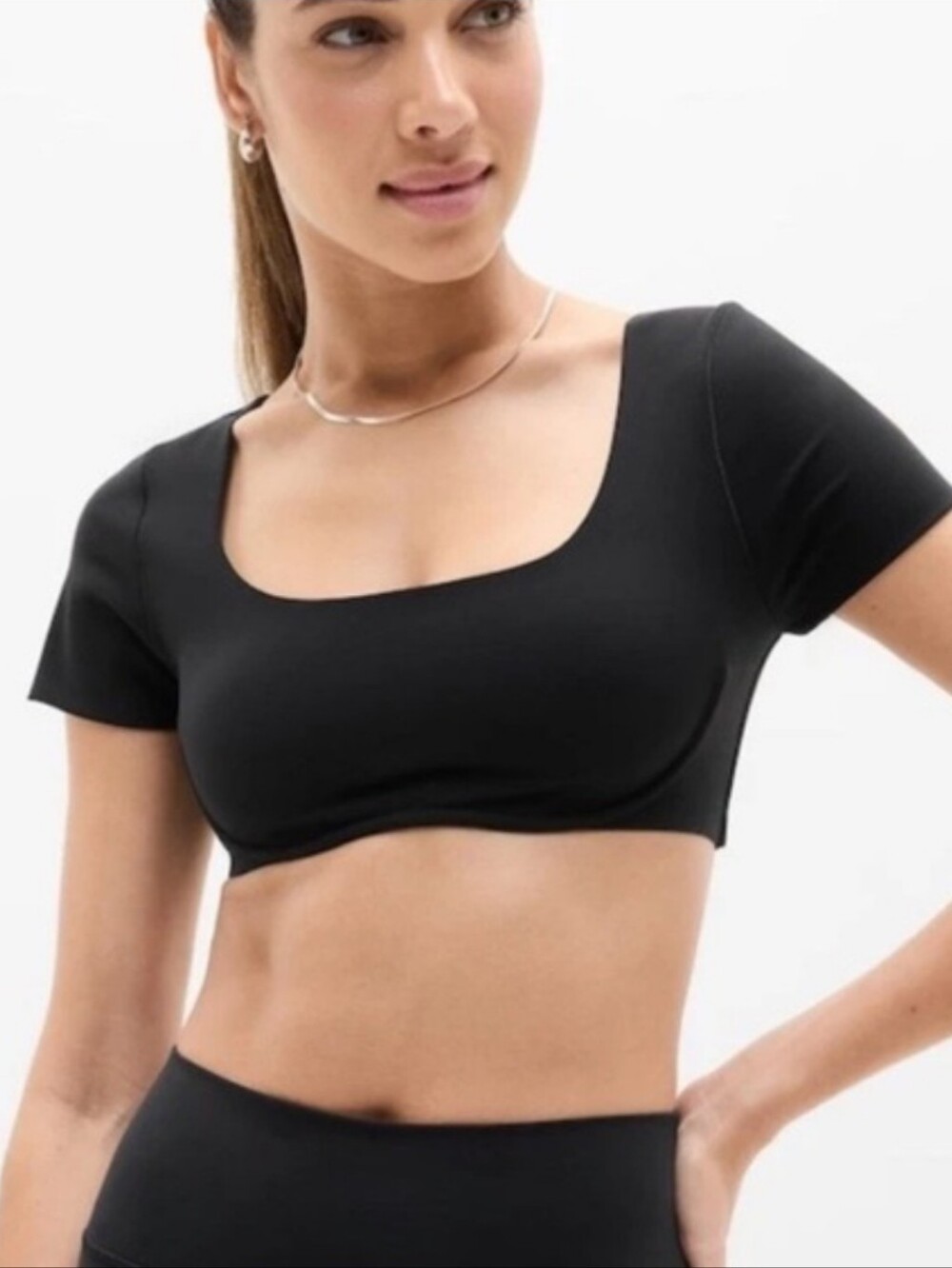 Athleta Body-move Black Square-Neck Short Sleeve Crop Top Nwot Size L